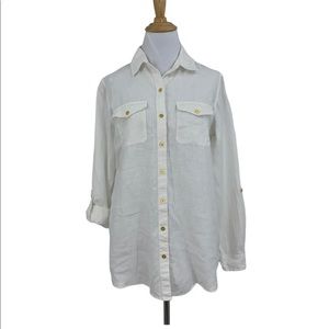 Ellen Tracy Linen Tunic Shirt Womens Size S Chest Pockets Rolled Sleeves Blouse